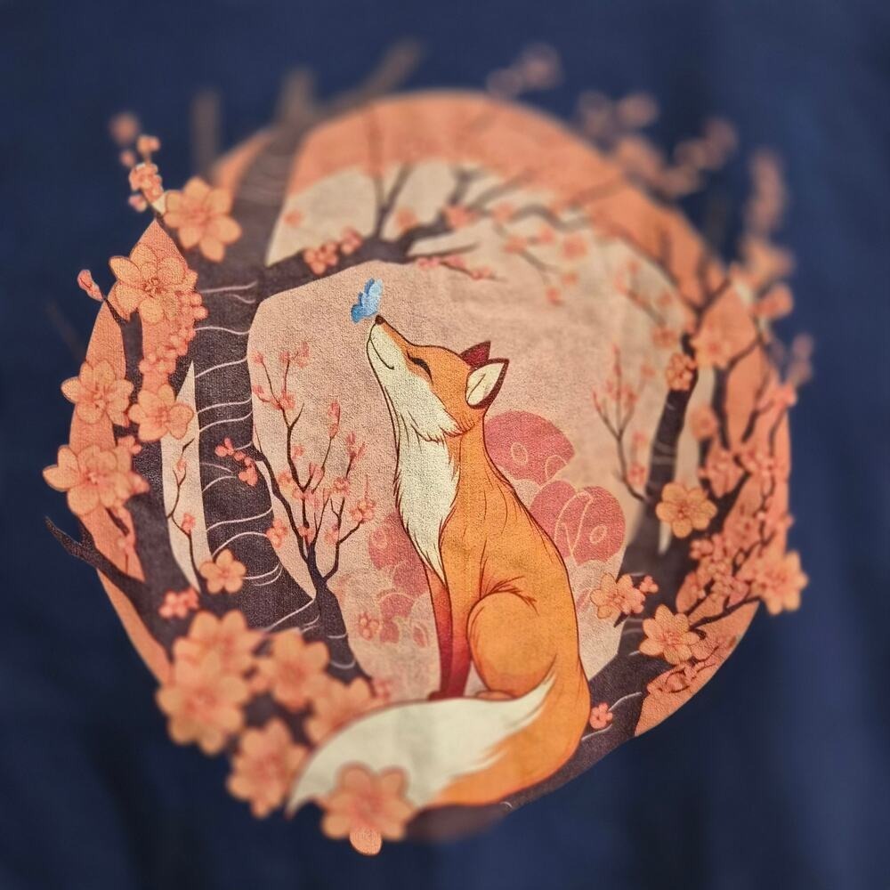 Port & Company Fox Cherry Blossom Butterfly Graphic T-Shirt Navy Blue Small - Picture 2 of 3